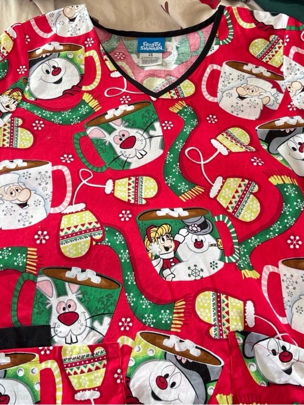 Frosty Snowman Women’s Red Holiday scrub Top with Festive Mug Print